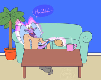 2_horns anthro beverage blonde_mane blue_body blue_ears blue_paws blue_wings bottomwear breasts breath cheek_tuft clothing container cup curved_horn dewlap_(anatomy) dialogue dipstick_tail eyebrows eyelashes eyes_closed facial_tuft feathered_wings feathers featureless_breasts female fluffy fluffy_ears fur furniture horn inside long_eyelashes lying lying_on_sofa magic mane markings multicolored_body multicolored_fur non-mammal_breasts on_back on_sofa onomatopoeia oversized_bottomwear oversized_clothing oversized_pants oversized_shirt oversized_topwear pants pink_body pink_fur plant plant_pot pointy_ears potted_plant prick_ears purple_body purple_fur shirt shrinking shrinking_out_of_clothes size_transformation sofa solo sound_effects speech_bubble table tail tail_mane tail_markings tapering_tail text topwear transformation tuft two_tone_body wings robynsnowyfoxxo mythology petal_(dapperhedgehog) dragon fairy_dragon furred_dragon furred_scalie lizard mythological_creature mythological_scalie reptile scalie winged_dragon absurd_res english_text hi_res