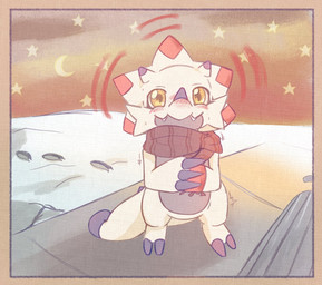 anthro blush claws cold countershading grey_body grey_countershading horn male scarf shaking shivering snow solo tail white_body yellow_eyes yogurtpubes bandai_namco digimon digimon_(species) gammamon hi_res