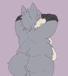 aged_down anthro blush butt countershade_face countershade_torso countershading fur grey_body grey_countershading grey_fur grey_hair hair male nude overweight overweight_anthro overweight_male purple_background raised_arms rear_view side_belly side_moob simple_background solo yellow_eyes young zangusuu morenatsu kouya_(morenatsu) canid canine canis domestic_dog husky mammal nordic_sled_dog spitz 2013 colored half-length_portrait portrait