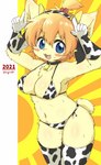 animal_print animal_print_bikini anthro bikini biped blonde_hair blue_eyes blush bodily_fluids bovid_horn bovine_horn breasts chest_tuft clothing cow_armgloves cow_horn cow_print cow_print_bikini cow_stockings cowbell cute_fangs fake_cow_ears fake_cow_horns fake_ears fake_horns fangs female female_anthro fluffy fluffy_tail hair horn kemono medium_breasts open_mouth pattern_bikini pattern_clothing pattern_swimwear raised_arms solo standing sweat swimwear tail teeth tuft two-piece_swimsuit yellow_body mgro02 domestic_cat felid feline felis mammal 2021 hi_res