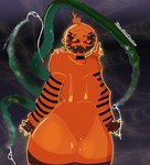 black_stripes blush bodily_fluids clothing cum female footwear for_a_head genital_fluids glitch jacket jacket_over_leotard legwear looking_at_viewer orange_body orange_clothing orange_jacket orange_topwear plant pumpkin_head socks solo stripes tentacles thick_thighs thigh_highs thigh_socks topwear vaginal_fluids vine_tentacles nyxartstation humanoid object_head spirit absurd_res hi_res