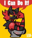 anthro big_breasts black_body black_fur bras_d'honneur breasts female fist fur gesture looking_aside looking_at_viewer parody pseudo_clothing red_body red_fur simple_background solo speech_bubble text yellow_background badassbaal nintendo pokemon felid generation_7_pokemon incineroar mammal pokemon_(species) cel_shading english_text hi_res shaded