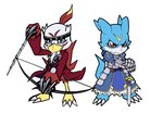 accessory anthro armor arrow_(weapon) blue_body blue_eyes bow_(weapon) brown_body brown_feathers claws duo feathers headband male melee_weapon ranged_weapon sword weapon oh_sorry_02 bandai_namco digimon digimon_(species) hawkmon veemon hi_res