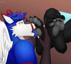 ambiguous_gender anthro anthro_on_anthro arm_tuft big_feet blue_body blue_ears blue_eyes blue_fur blue_hair blue_tongue bodily_fluids cheek_tuft crossed_legs dominant dominant_anthro duo eyebrows faceless_character facial_tuft feet fluffy fluffy_ears foot_fetish foot_grab foot_lick fur fuzzy glistening hair half-closed_eyes huge_feet licking looking_up male male/ambiguous maned muscular muscular_anthro muscular_male muscular_thighs narrowed_eyes nude red_body red_fur shoulder_tuft submissive submissive_anthro submissive_male tongue tuft white_body white_fur wings adra_(artist) lareth_inuzuka nicolas_delgado canid canine canis coyote domestic_dog fox husky hybrid lagomorph leporid mammal nordic_sled_dog rabbit spitz vampire wolf hi_res