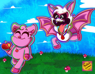 anthro apple bodily_fluids duo female flying food fruit pink_body plant saliva tongue tongue_out walking white_body wings rocketlennon mob_entertainment nightmare_critters poppy_playtime smiling_critters pickypiggy rabie_baby_(poppy_playtime) bat domestic_pig mammal suid suine sus_(pig) hi_res