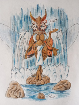 anthro breasts drawing_pen female solo speech_bubble water wings overlord_gabriel godzilla_(series) mothra_(series) toho mothra arthropod insect lepidopteran moth absurd_res graphite_(artwork) hi_res traditional_media_(artwork)