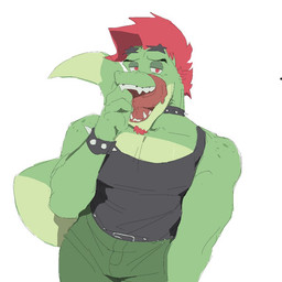 anthro beard belt biceps bottomwear bracelet clothed clothing collar eyebrows eyewear eyewear_on_head facial_hair finger_in_mouth fully_clothed green_body green_scales hair jewelry male mohawk muscular muscular_anthro muscular_male open_mouth open_smile pants pecs red_eyes red_hair scales shirt simple_background smile solo spiked_bracelet spiked_collar spikes star_sunglasses sunglasses sunglasses_on_head tank_top teeth tongue tongue_out topwear white_background kogito five_nights_at_freddy's five_nights_at_freddy's:_security_breach roblox scottgames steel_wool_studios montgomery_gator alligator alligatorid crocodilian reptile scalie 1:1 digital_media_(artwork)