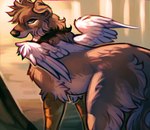 ambiguous_gender brown_body brown_fur brown_hair feathered_wings feathers feral fur hair solo white_body white_feathers wings hoot_(artist) pidge_(hoot) canid canine canis domestic_dog hybrid mammal 2022 digital_media_(artwork)