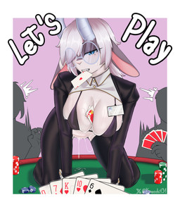 anthro big_breasts blue_eyes bodily_fluids breasts card card_between_breasts clothing costume dripping dripping_vulva dripping_wet eyewear female genital_fluids genitals glasses hair id_card identification male playing_card poker poker_table reverse_bunny_costume solo vaginal_fluids vulva wet wet_body white_hair kurocchi131 hi_res