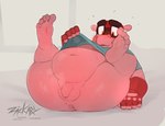 anthro balls barefoot biped bodily_fluids bottomless clothed clothing eyewear feet fingers flaccid foreskin genitals glasses gloves handwear legs_up lying male navel obese on_back overweight overweight_male penis pink_body simple_background soles solo sweat toes topwear conditional_dnp zackary911 sly_cooper_(series) sony_corporation sony_interactive_entertainment sucker_punch_productions murray_hippopotamus common_hippopotamus hippopotamid mammal 2025 hi_res