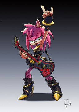 anthro black_nose boots clothing dress electric_guitar female fingerless_gloves flower footwear gloves green_eyes guitar hair handwear high_heeled_boots high_heels jewelry legwear musical_instrument open_mouth pink_body pink_hair plant playing_guitar playing_music plucked_string_instrument rose_(flower) shoes short_hair simple_background solo string_instrument tan_body tan_skin thick_calves thin_thighs shade-shark sega sonic_the_hedgehog_(series) amy_rose eulipotyphlan hedgehog mammal hi_res signature