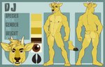 anthro barefoot brown_eyes fangs feet fur hooves horn male nude solo teeth yellow_body yellow_fur fcsimba dj_strap cervine deer mammal muntjac absurd_res hi_res model_sheet