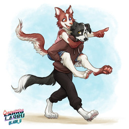 anthro carrying_another clothing duo female hoodie male paws piggyback topwear walking larru-larru collieboy_(awkwardcollie) emily_(awkwardcollie) border_collie canid canine canis collie domestic_dog herding_dog mammal pastoral_dog sheepdog 1:1 hi_res