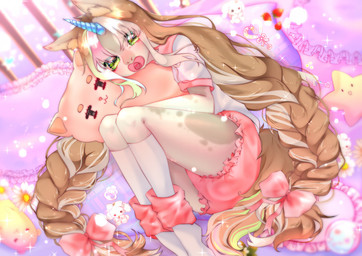 anthro bed bloomers bottomwear clothed clothing diaper diaper_under_clothing female furniture green_eyes horn long_socks object_in_mouth pacifier pacifier_in_mouth pillow plushie solo topwear unicorn_horn wearing_diaper white_clothing white_topwear gummyfur gummyfur_(artist) mythology kaja_(kajaunicorn) equid equine mammal mythological_creature mythological_equine unicorn