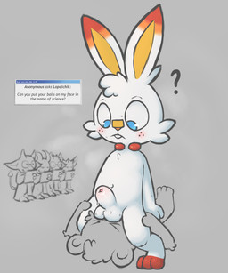 ambiguous_gender anthro arm_tuft ball_tuft balls balls_on_face biped blue_eyes blush bodily_fluids cartoon_freckles clipboard elbow_tuft eyewear facesitting facial_tuft freckled_face freckles genitals glans glasses grey_background group half-erect holding_both_legs humanoid_genitalia humanoid_penis interspecies male male/ambiguous musk navel penis pokephilia question question_mark science simple_background sitting sitting_on_another solo_focus sweat text tuft wearing_glasses young young_anthro young_male badipoki nintendo pokemon lopalchik_(badipoki) bear generation_8_pokemon imp mammal pokemon_(species) scorbunny absurd_res english_text hi_res adult_(lore)