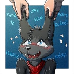 anthro black_body black_fur blue_eyes blush bodily_fluids clothing duo ear_pull fangs flying_sweatdrops fur kerchief male nervous open_mouth solo_focus sweat sweatdrop tears teeth tickling young young_anthro young_male dakkawoof dakka canid canine canis mammal wolf 1:1 2018