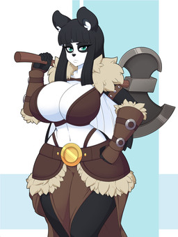 anthro armlet armor axe battle_axe big_breasts black_hair blue_eyes bottomwear breasts cleavage cleavage_overflow clothed clothing female hair holding_object holding_weapon huge_breasts inner_ear_fluff loincloth long_hair looking_at_viewer melee_weapon midriff navel simple_background solo tuft vambrace weapon weapon_on_shoulder white_hair wide_hips crankyconstruct lei_(skecchiart) bear giant_panda mammal 2018 hi_res