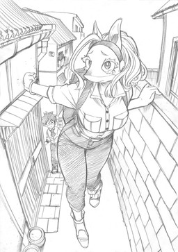 accessory alley anthro backpack biped bottomwear building clothed clothing denim denim_bottomwear denim_clothing duo ears_up female footwear hair headband high_waisted_bottomwear jeans larger_anthro larger_female macro male necktie pants shirt shoes size_difference smaller_human smaller_male topwear walking horikoshi_kohei my_hero_academia ippan_josei izuku_midoriya human mammal quirked_human_(my_hero_academia) 2021 graphite_(artwork) greyscale hi_res monochrome official_art traditional_media_(artwork) translated_description