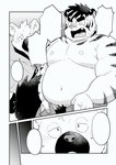 anthro belly big_belly blush bottomwear clothing duo humanoid_hands kemono male moobs navel nipples overweight overweight_male pants pubes surprise yuzpoco felid mammal pantherine tiger 2023 comic hi_res monochrome