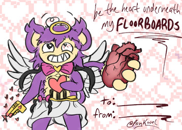 ambiguous_gender bloodshot_eyes bottomwear bow_accessory cardiophilia chest_tattoo clothing cupid_costume ear_tuft eye_twitch fake_halo fake_wings fur gun hair heart_(organ) heart_eyes heart_symbol holidays loincloth organs purple_body purple_fur purple_hair ranged_weapon solo standing tail tail_hand tan_body tan_fur tattoo tuft unusual_anatomy unusual_tail valentine's_day_card weapon psykwol edgar_allan_poe nintendo pokemon valentine's_day dusk_(psykwol) aipom generation_2_pokemon pokemon_(species)