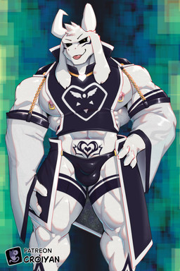 abs anthro biped black_sclera bulge detailed_bulge fur hair male male_anthro muscular muscular_male nipple_piercing nipples pecs piercing pubic_tattoo solo tattoo tongue tongue_out white_body white_fur white_hair yellow_eyes croiyan undertale undertale_(series) asriel_dreemurr_(god_form) bovid caprine goat mammal hi_res