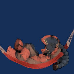 anthro black_body black_fur black_hair breasts chibi ear_piercing female fur hair hammock hooves long_hair piercing red_body red_fur relaxed_expression relaxing solo smeevel27 nintendo pokemon khalia_(character) equid equine generation_7_pokemon mammal mudsdale pokemon_(species) 1:1 alpha_channel hi_res