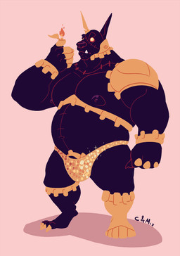 accessory anthro belly big_belly black_body black_nipples bottomwear bulge clothed clothing cock_ring empty_eyes genitals jewelry male mouth_closed muscular muscular_anthro muscular_male nipples overweight overweight_anthro overweight_male pecs penis penis_accessory penis_base penis_jewelry simple_background solo standing teeth topless yellow_bottomwear yellow_clothing yellow_eyes chocolateandmilk canid canine mammal patchwork_creature 2018 dated signature