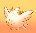 ambiguous_gender black_eyes blush candy candy_corn candy_corn_pattern dessert feral food fur holidays horn orange_background overweight simple_background smile solo white_body white_fur wings happycrumble halloween nintendo pokemon generation_4_pokemon pokemon_(species) togekiss