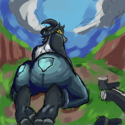 anthro big_butt bottomwear butt butt_focus clothing cloud crop_top day denim denim_bottomwear denim_clothing detailed_background female fur grass grey_body grey_fur hair hooved_plantigrade hooved_toes hooves horizontal_pupils horn jeans kneeling looking_at_viewer looking_back looking_back_at_viewer outside pants plant plantigrade pupils shirt sky solo topwear yellow_eyes yuann0o0 coffee_stain_studios epic_games fortnite goat_simulator pilgor_(goat_simulator) bovid caprine goat mammal 1:1 2025 hi_res