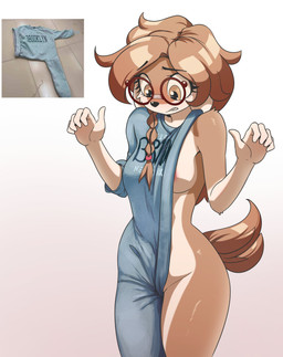 5_fingers anthro black_nose breasts clothing eyebrows eyelashes eyewear female fingers glasses hair simple_background solo tail alcorart conditional_dnp brooklyn_sweater phoebe_(alcorart) bird_dog canid canine canis domestic_dog hunting_dog mammal spaniel 2025 2026 absurd_res digital_media_(artwork) hi_res