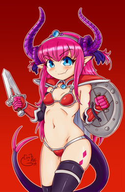 5_fingers bikini biped black_tail blue_eyes breasts clothing eyebrows eyelashes female fingers hair holding_melee_weapon holding_object holding_sword holding_weapon horn humanoid_pointy_ears long_hair long_horn long_tail looking_at_viewer melee_weapon navel pale_skin pink_hair pointy_ears purple_horn red_background shield simple_background small_breasts solo swimwear sword tail thick_tail two-piece_swimsuit weapon poethewondercat fate_(series) mythology type-moon brave-eliza elizabeth_bathory_(fate) animal_humanoid dragon dragon_humanoid horned_humanoid humanoid mythological_creature mythological_scalie scalie tailed_humanoid 2019 digital_media_(artwork) hi_res portrait signature three-quarter_portrait