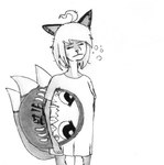 bottomless cjk_character clothed clothing daruma drowsy eyes_closed female fox_ears fox_tail multi_tail plushie shirt shirt_only solo squean tail tired topwear topwear_only efradraws irina_netsuki canid canine fox fox_spirit mammal absurd_res graphite_(artwork) hi_res monochrome pen_(artwork) sketch traditional_media_(artwork)