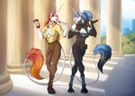 alacorna anthro athletic beverage clothed clothing coffee costume dessert doughnut duo equis_universe female food happy horn muscular pastry smile tail sunny_way celestin kelesta kelin equid equine horse mammal unicron digital_media_(artwork) hi_res sibling_(lore) sister_(lore) sisters_(lore)