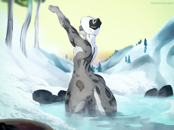 anthro back_markings bathing big_butt biped butt casual_nudity day detailed_background fur hair holding_arm holding_own_arm hot_spring leopard_spots male male_anthro markings nude nude_anthro nude_male occult_symbol outdoor_nudity outside partially_submerged plant pose short_hair side_view sigil snow solo spots symbol tail tree water wet wet_body wet_butt wet_fur wet_tail hexxysnep hex_mira felid mammal pantherine snow_leopard 4:3 absurd_res digital_drawing_(artwork) digital_media_(artwork) hi_res portrait shaded soft_shading three-quarter_portrait