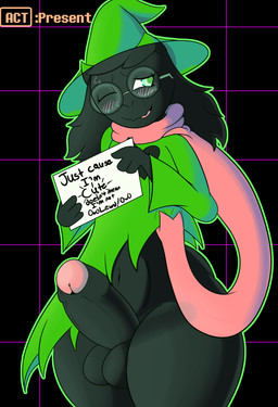 anthro balls black_body black_fur blush bottomless clothed clothing eyewear foreskin fur genitals glans glasses heart_symbol humanoid_genitalia humanoid_penis male penis pink_glans scarf sign solo text tongue not_safe_for_reality deltarune undertale_(series) ralsei bovid caprine darkner goat mammal 2018 digital_media_(artwork) hi_res