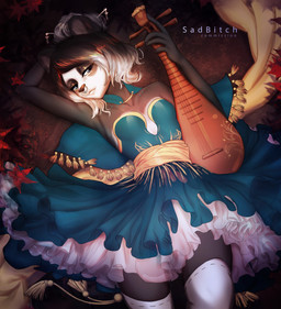 anthro black_body black_hair black_nose blue_eyes clothed clothing dress facial_piercing female hair legwear musical_instrument musician nose_piercing nose_ring piercing profanity ring_piercing shy solo stockings string_instrument text white_body white_hair conditional_dnp sadbitch bear giant_panda mammal absurd_res english_text hi_res