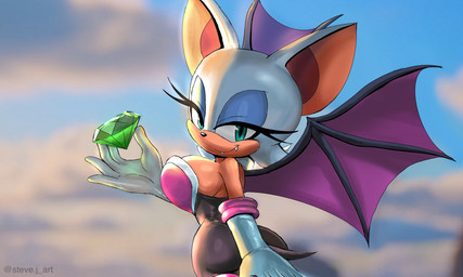 anthro bare_shoulders big_breasts blue_eyes blue_eyeshadow bodysuit breasts butt chaos_emerald cleavage clothed clothing cloud day emerald_(gem) eyelashes eyeshadow female gem gloves grin half-closed_eyes handwear looking_at_viewer makeup membrane_(anatomy) membranous_wings narrowed_eyes side_view skinsuit sky smile solo tail tan_body tight_clothing white_clothing white_gloves white_handwear white_head wings steve_jones sega sonic_the_hedgehog_(series) rouge_the_bat bat mammal hi_res