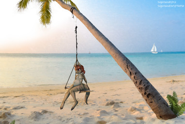 anthro beach bench boat brown_body brown_fur brown_hair female fur hair leaf nipples palm_tree plant pregnant purple_eyes sailing_boat sailing_watercraft sand sea seaside sky smile solo stripes sunset swing tree vehicle water watercraft sugarbandit kangaroo macropod mammal marsupial hi_res