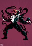 claws emblem eyes_closed fangs long_tongue male muscular muscular_male not_furry sharp_teeth solo teeth tendrils tongue tongue_out dustyjcircus marvel venom_(marvel) alien alien_humanoid humanoid monster symbiote absurd_res hi_res