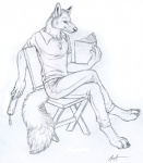 4_toes 5_fingers anthro barefoot belt bent_legs biped book bookmark bottomwear chair claws clothed clothing crossed_legs digitigrade dipstick_ears ear_markings feet fingers fluffy fluffy_tail fully_clothed fur furniture holding_book holding_object inner_ear_fluff leg_over_thigh looking_aside male multicolored_ears pants polo_shirt shirt simple_background sitting solo tail toes topwear tuft white_background raiven rukis canid canine canis mammal wolf black_and_white monochrome sketch