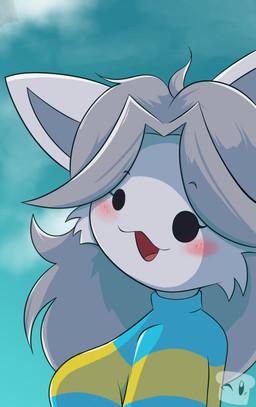 anthro blue_clothing blush blush_lines clothing cloud female grey_hair hair pattern_clothing simple_background solo striped_clothing stripes breadinatoarts undertale undertale_(series) temmie_(undertale) tem absurd_res hi_res