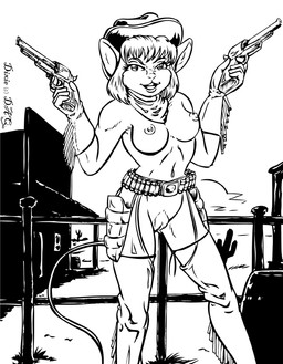 anthro belt breasts cactus clothing female fur genitals gloves gun hair handgun handwear hat headgear headwear legwear navel nipples open_mouth outside plant pubes ranged_weapon revolver scarf solo tail thigh_highs vulva weapon wild_west style_wager dixie_(daq) mammal mouse murid murine rodent 2007 monochrome