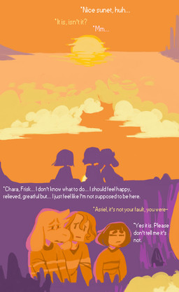 ambiguous_gender anthro cliff clothed clothing cloud dialogue eyes_closed group male stripes sunset text buttercupsandbrokendreams undertale undertale_(series) asriel_dreemurr chara_(undertale) frisk_(undertale) boss_monster_(undertale) bovid caprine goat human mammal english_text hi_res