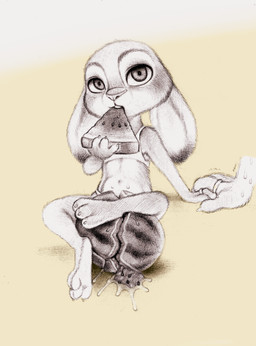 anthro bodily_fluids clothed clothing crop_top digit_ring dipstick_ears disembodied_hand duo ear_markings ears_down eating female female_focus food fruit fur holding_food holding_object jewelry looking_at_viewer melon midriff multicolored_ears pivoted_ears plant ring shirt simple_background sitting solo_focus sweat sweatdrop topwear watermelon wedding_ring fuchs disney zootopia judy_hopps lagomorph leporid mammal rabbit 2020 hi_res traditional_media_(artwork)