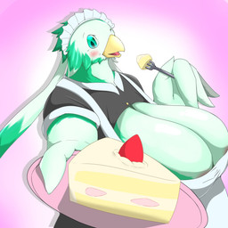 anthro areola areola_slip beak big_breasts blush breasts cake cleavage cleavage_cutout cleavage_overflow clothed clothing cutlery cutout dessert feathers female food fork fruit gradient_background green_body green_eyes green_feathers huge_breasts kitchen_utensils looking_at_viewer maid_uniform non-mammal_breasts offering_food one_eye_closed open_mouth plant simple_background slightly_chubby smile solo strawberry tools uniform wink sutasl ester_(sutasl) avian bird 1:1 hi_res