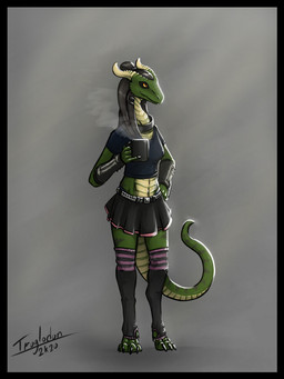 anthro belt black_border black_bottomwear black_clothing black_skirt border bottomwear breasts brown_hair clothing container cup female green_body green_scales grey_background hair holding_container holding_cup holding_mug holding_object horn legwear mug navel non-mammal_breasts scales shirt simple_background skirt small_breasts smile solo standing stockings tail topwear ventral_scales sirtroglodon mythology dragon mythological_creature mythological_scalie scalie 2020 3:4 digital_media_(artwork) hi_res