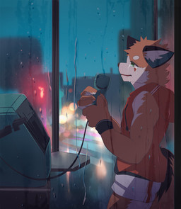 adolescent anthro bodily_fluids bottomwear city clothed clothing crying dark detailed_background dripping electronics fully_clothed fur green_eyes head_tuft holding_object holding_phone hoodie inner_ear_fluff kemono male multicolored_body multicolored_fur night orange_body orange_fur paws phone raining shorts side_view sky sleeveless_hoodie solo standing sweatband tears topwear tuft two_tone_body two_tone_fur water white_body white_fur window young nekojita foxy_(nekojita) canid canine fox mammal hi_res