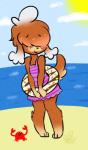 anthro barefoot beach blush brown_body brown_fur brown_hair chibi clothed clothing cloud detailed_background duo feet femboy fur hair outside sand sea seaside sky smile sun water mukichan maly_paczek canid canine canis domestic_dog mammal hi_res