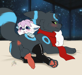 ambiguous_gender animal_genitalia animal_penis anus balls black_body black_fur blue_eyes blush bodily_fluids canine_genitalia canine_penis clothing detailed_background digitigrade drooling duo erection feral fur genitals green_eyes hair heart_eyes heart_symbol heterochromia knot knotted_penis legwear looking_at_genitalia looking_at_penis male male/ambiguous open_mouth pawpads penis pink_pawpads presenting presenting_penis purple_eyes saliva smile tail white_body white_fur harmlessnoodle nintendo pokemon kate_(kate_beta) kurai_(kuraibre) alolan_form alolan_vulpix canid canine eeveelution generation_2_pokemon generation_7_pokemon mammal pokemon_(species) regional_form_(pokemon) shiny_pokemon umbreon absurd_res digital_media_(artwork) hi_res signature
