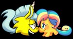 ambiguous_gender chibi duo eye_contact feral fur hair horn lidded_eyes looking_at_another mohawk multicolored_hair multicolored_tail on_model open_mouth open_smile orange_body orange_fur rainbow_hair rainbow_tail side_view smile snout tail toony unicorn_horn yellow_body yellow_fur pepperqt club_penguin moshi_monsters glitterpants mrs._snoodle mammal moshling puffle silly_snuffler alpha_channel hi_res